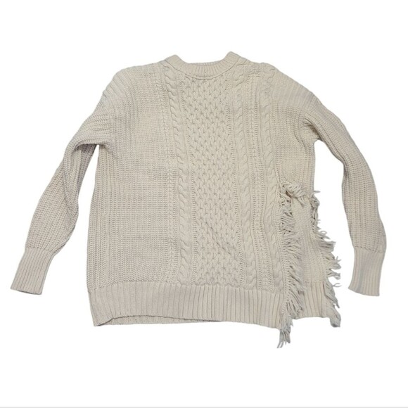 J. Crew Women's cream ivory cable knit sweater size L fringe winter casual prep - Picture 2 of 10